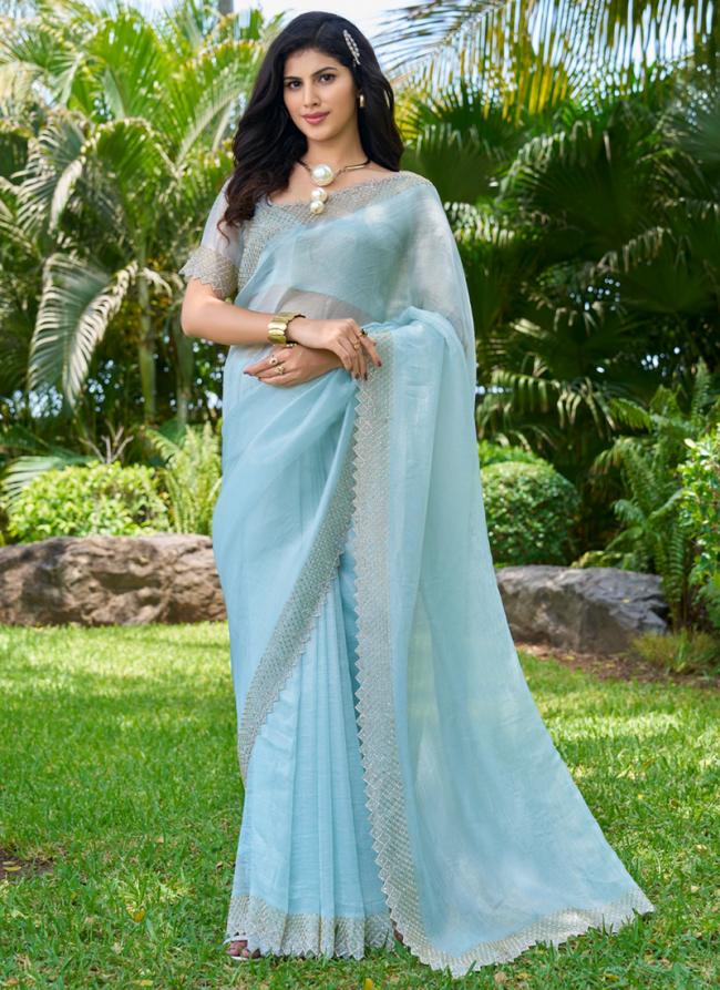 Soft Organza Sky Blue Wedding Wear Hand Work Saree